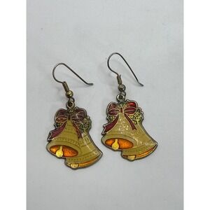 Vintage Christmas Bell Dangle Earrings – Red Bow Gold Tone Drop Earrings